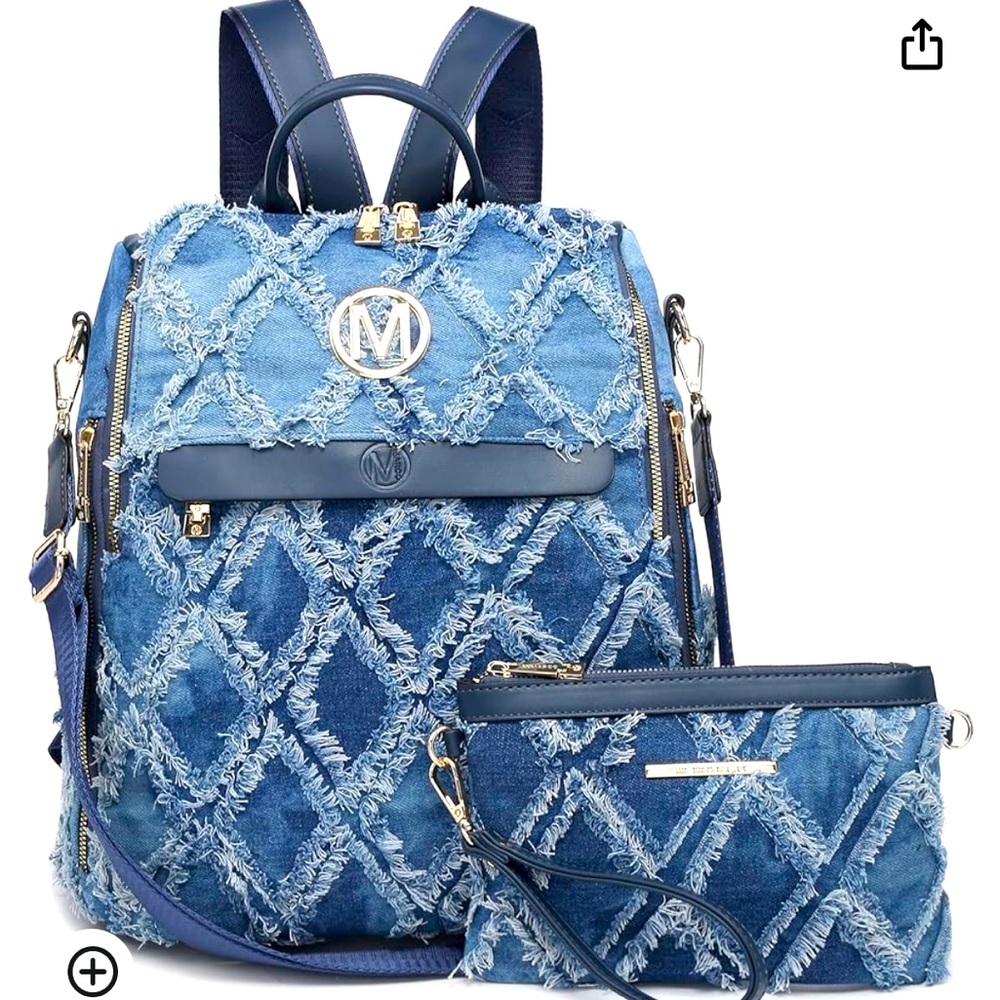 MKP Women Fashion Backpack Purse Jean Denim Bag with Wristlet